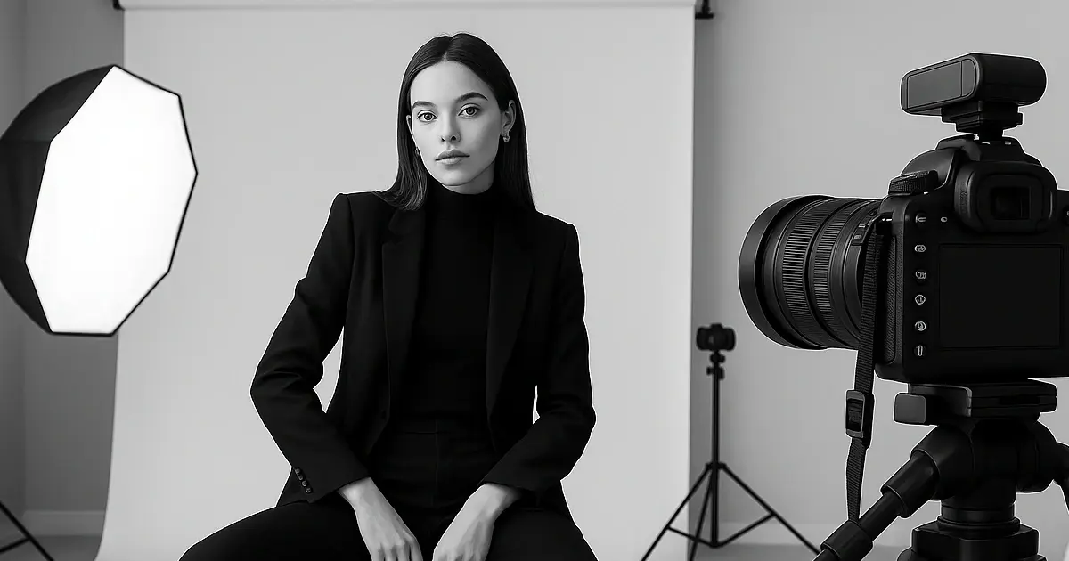 Professional self-portrait photo studio with lighting and DSLR camera setup for high-quality headshots and Full-Body