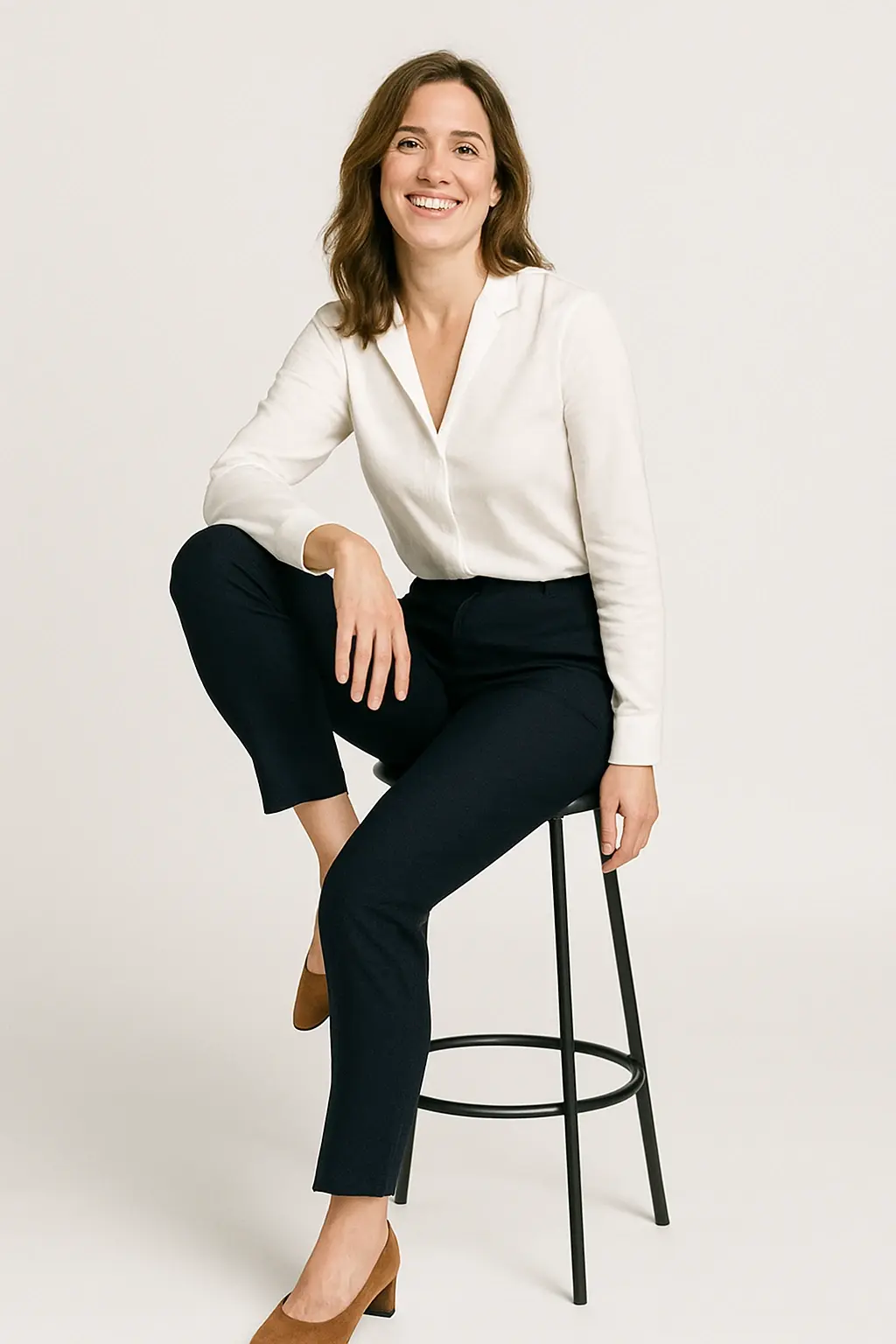 Smiling female Luxury Real Estate Team posing casually on a stool in minimalist photo studio, dressed in modern business casual outfit