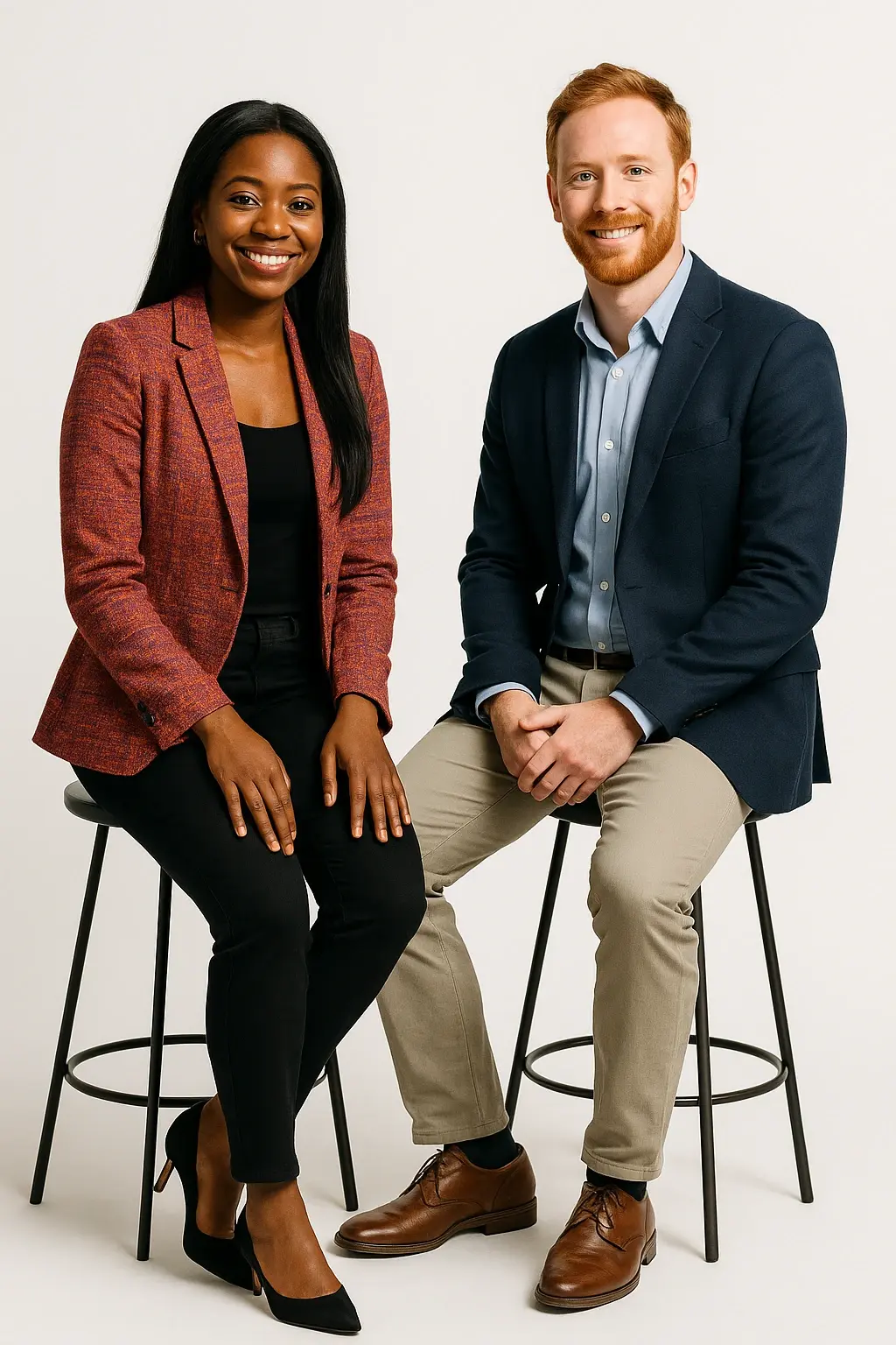 Two professionals — one female and one male — posing confidently in business attire for a full-body Real Estate Influencer (Social Media) branding photo on a clean studio background