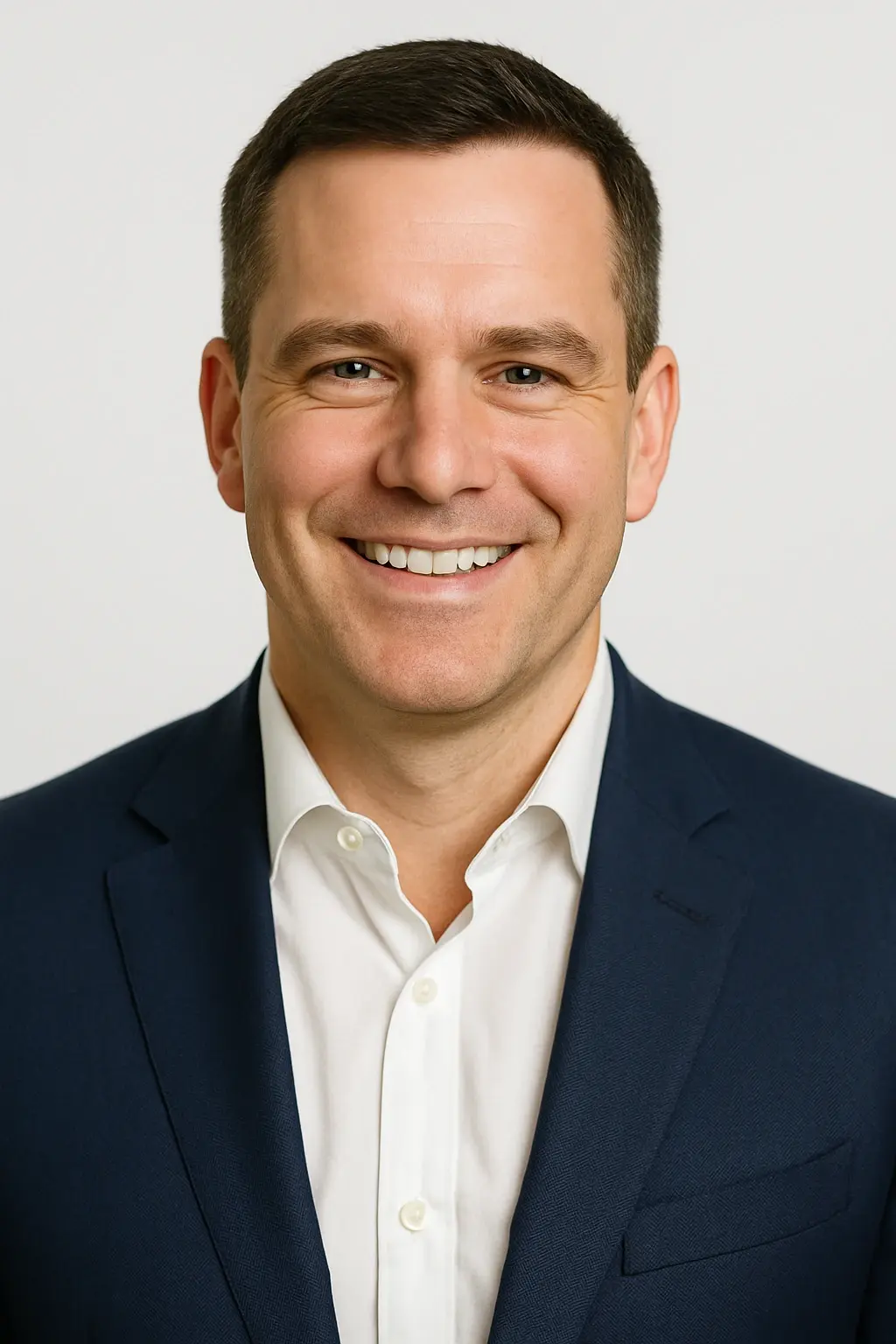 Professional headshot of a confident male Real Estate Marketing Specialist wearing a navy blazer and white shirt, perfect for LinkedIn profiles or team bios