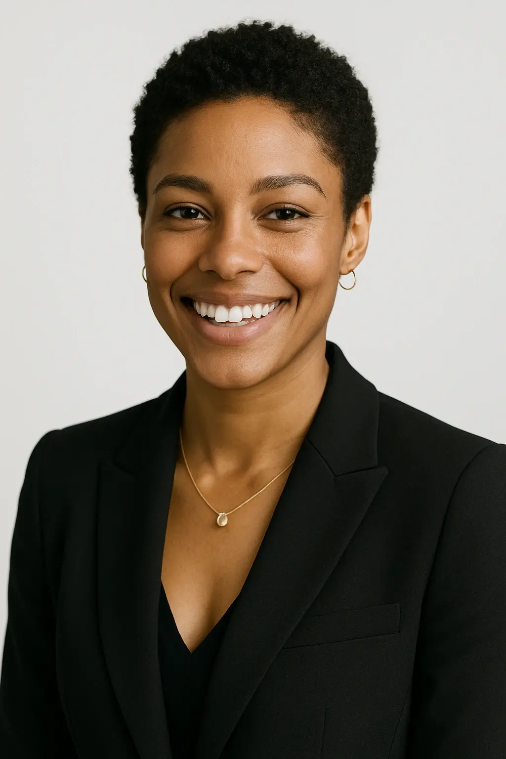Professional headshot of a confident female Real Estate Marketing Specialist in a black blazer and subtle gold necklace, ideal for team bios or LinkedIn profiles